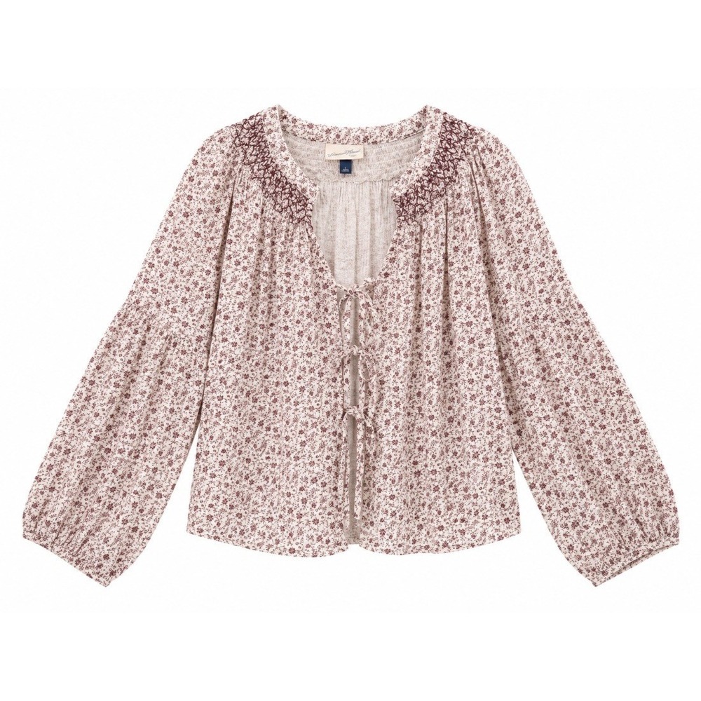 Universal Thread Womens Floral Smocked Peasant Blouse Top Cream Burgundy L